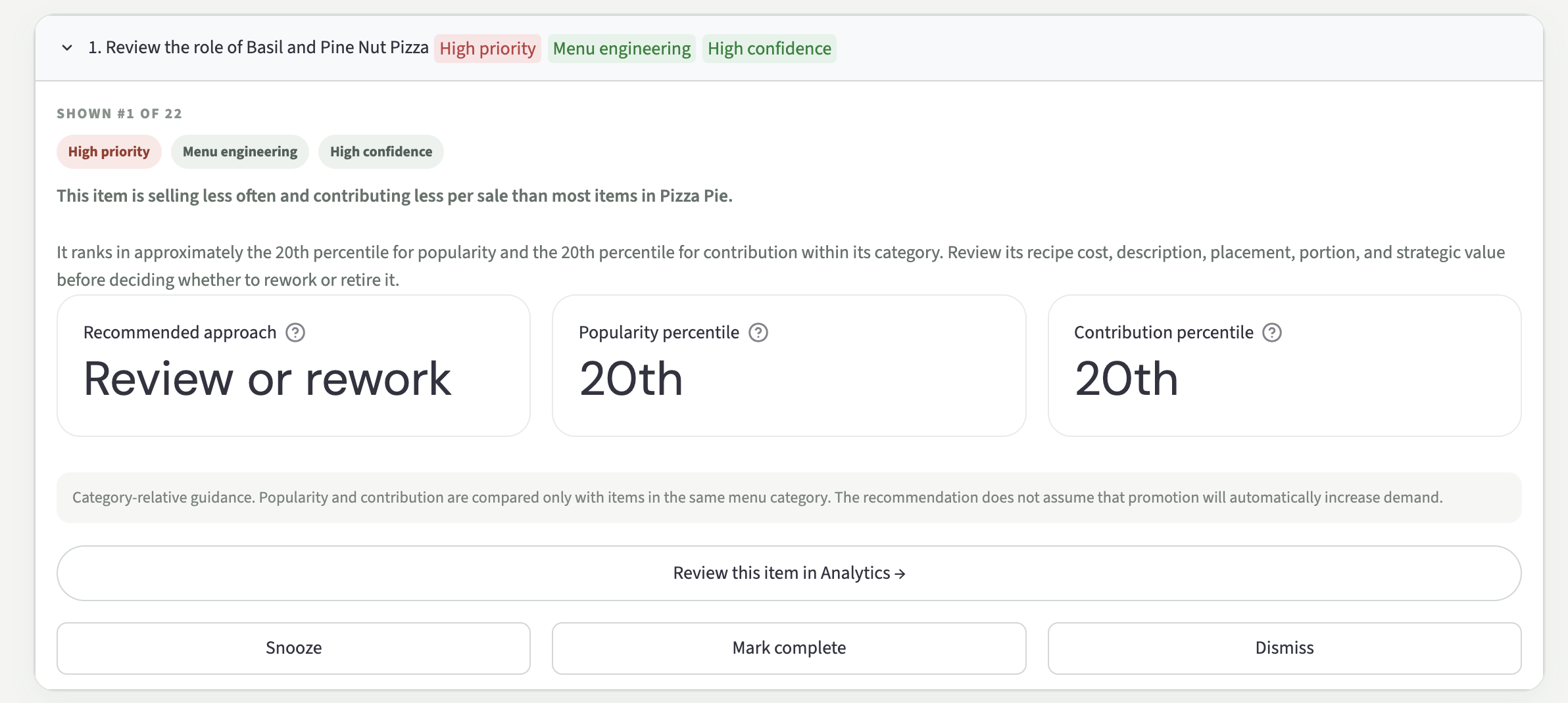 Expanded MenuMeter menu engineering recommendation with priority, confidence, evidence, and action controls