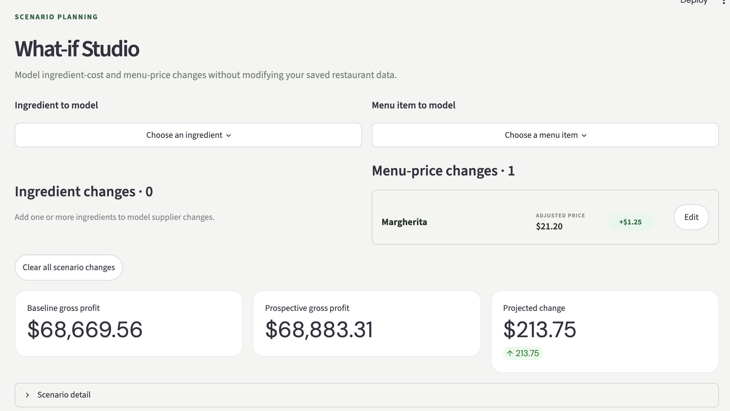 MenuMeter What-if Studio modeling a menu price change and projected gross profit